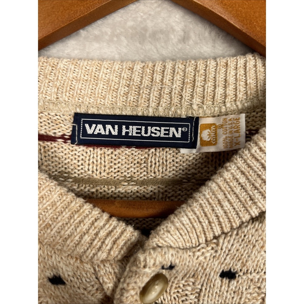 Vintage Mens Grandpa Sweater Van Heusen Henley XL Birds Eye Squares Dots 90s USA - Picture 5 of 10